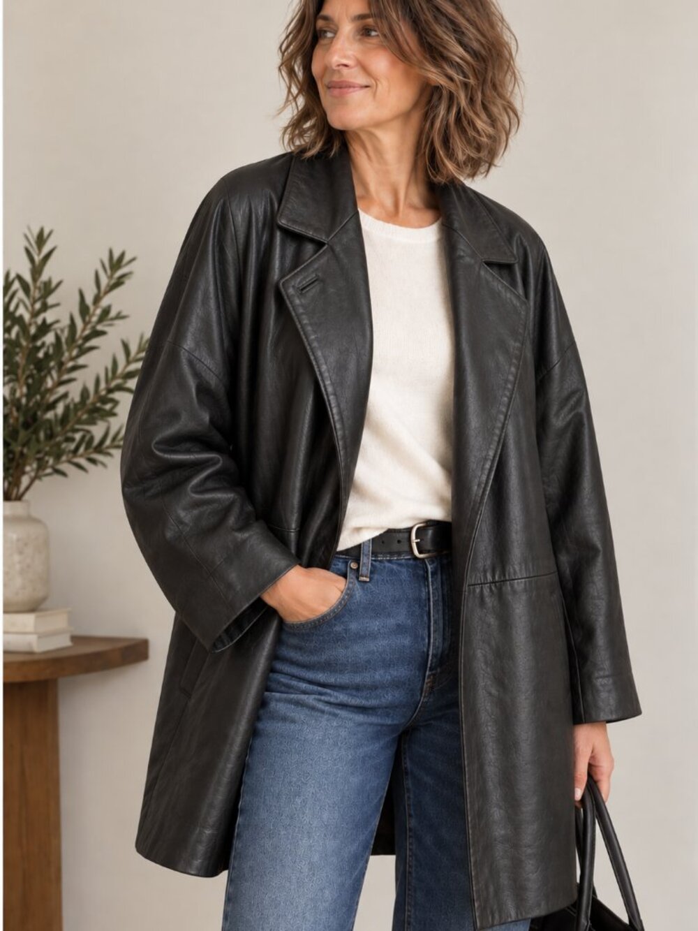 A.D.A. Black Lambskin Leather Coat Paisley Lined Oversized Dolman Style
